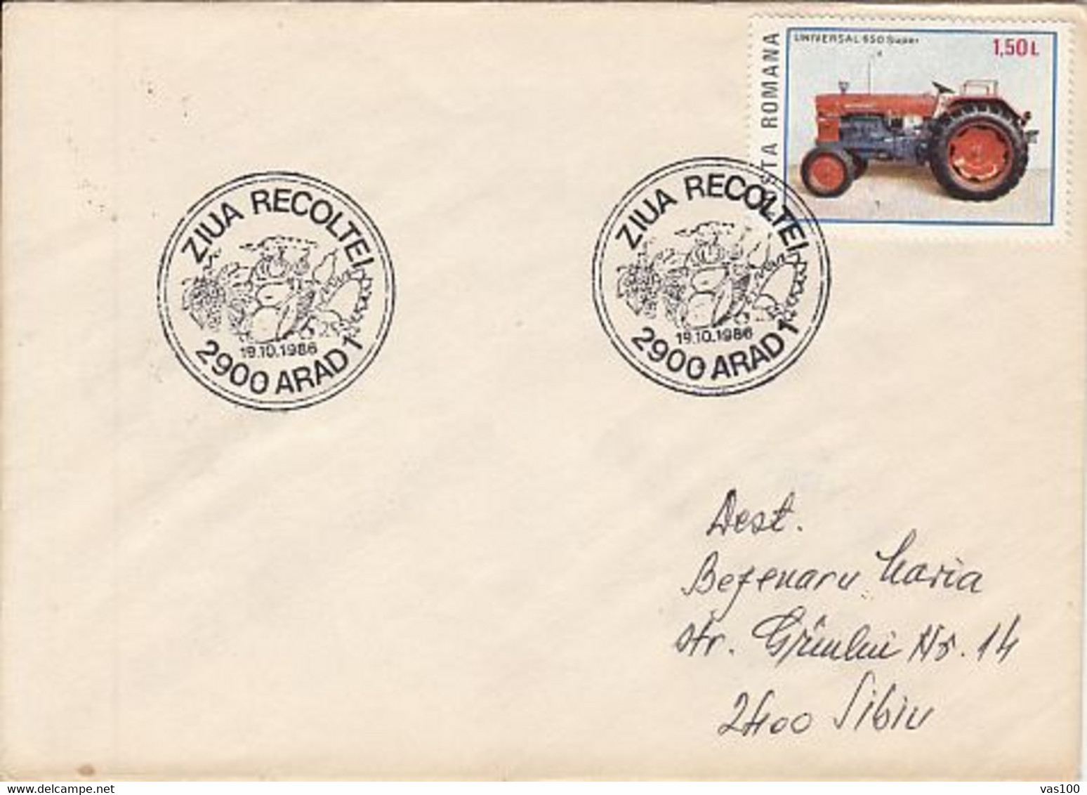 AGRICULTURE, HARVEST DAY SPECIAL POSTMARKS, TRACTOR STAMP ON COVER, 1986, ROMANIA - Agriculture