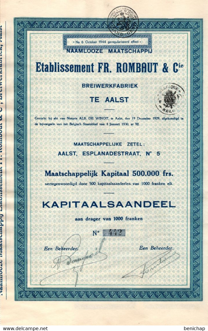 Kapitaalsaandeel Aan Drager Van 1000 Franken - Etablissement FR. Rombaut & Cie - Breiwerkfabriek Te Aalst - AALST 1930. - Tessili