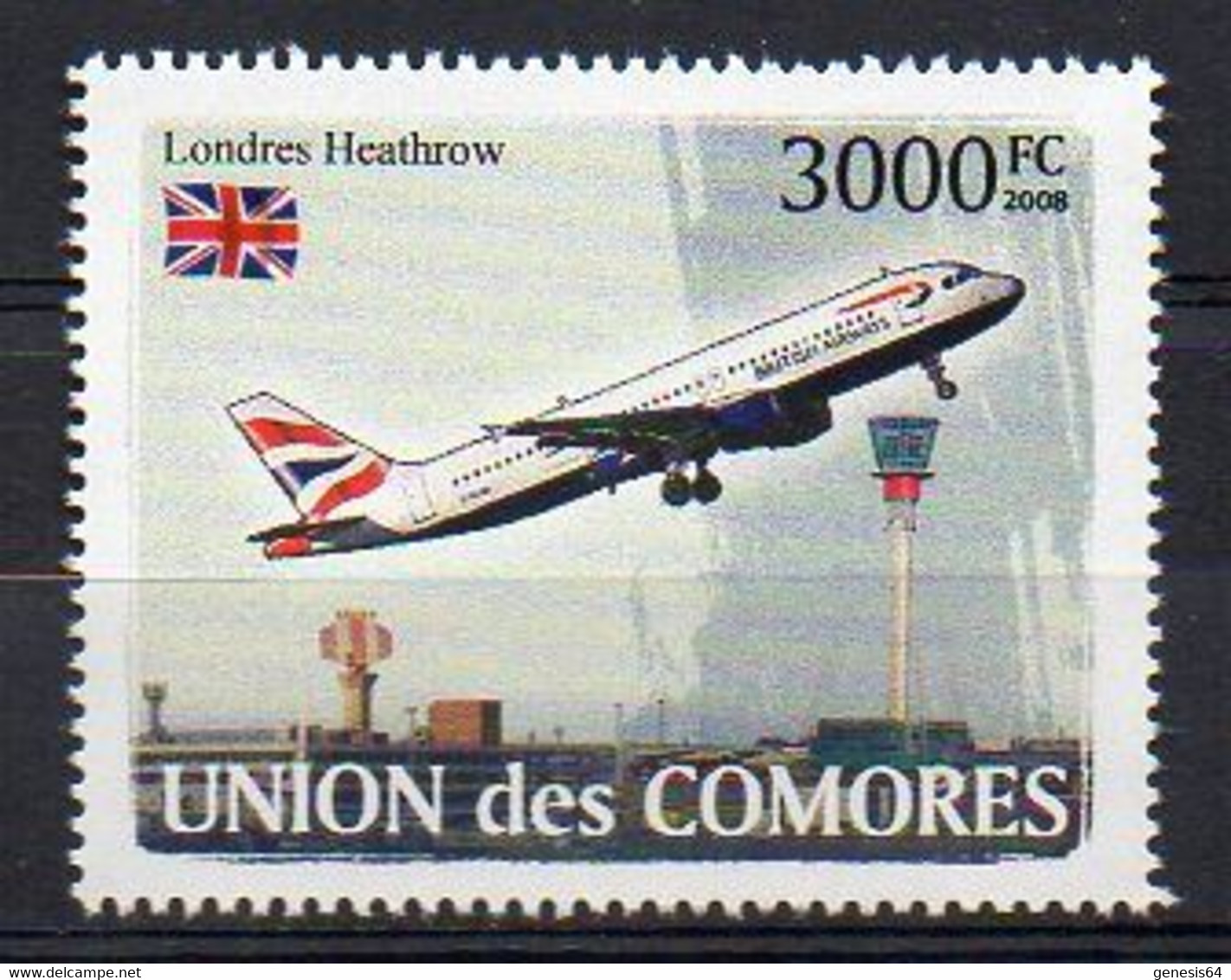 British Airways (BA) AIRBUS 318-100 Aircraft London Heathrow Airport Stamp (Comoros 2008) - MNH (1W2750) - Aerei