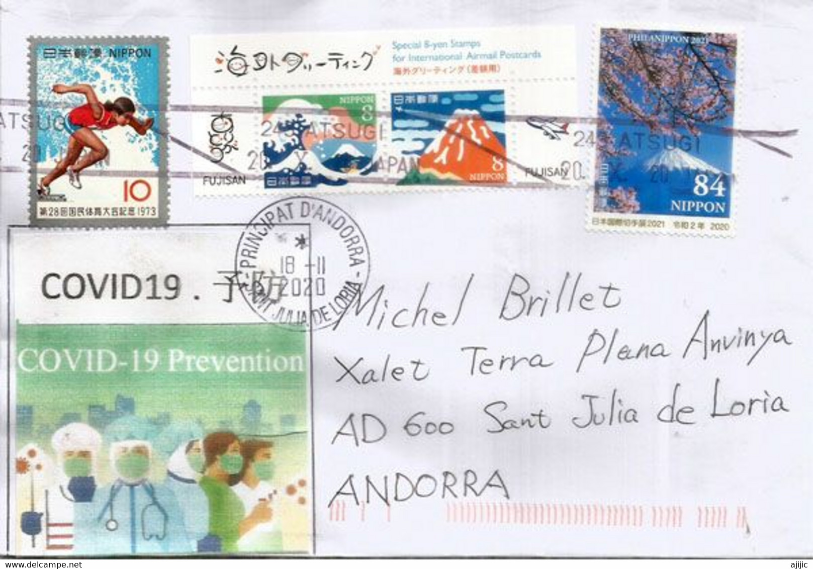 Japanese Sticker Prevention Covid19, On Letter From Kanagawa To Andorra, With Arrival Postmark Andorra - Cartas & Documentos