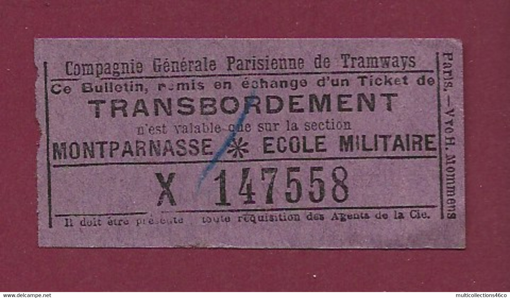 251120A - TICKET CHEMIN DE FER - FRANCE Compagnie Parisienne Tramway Transbordement Montparnasse Ecole Militaire X147558 - Europa