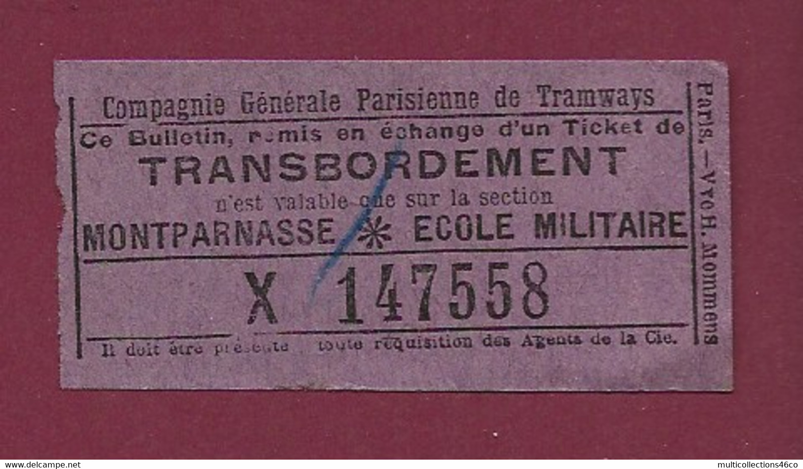 251120A - TICKET CHEMIN DE FER - FRANCE Compagnie Parisienne Tramway Transbordement Montparnasse Ecole Militaire X147558 - Europe