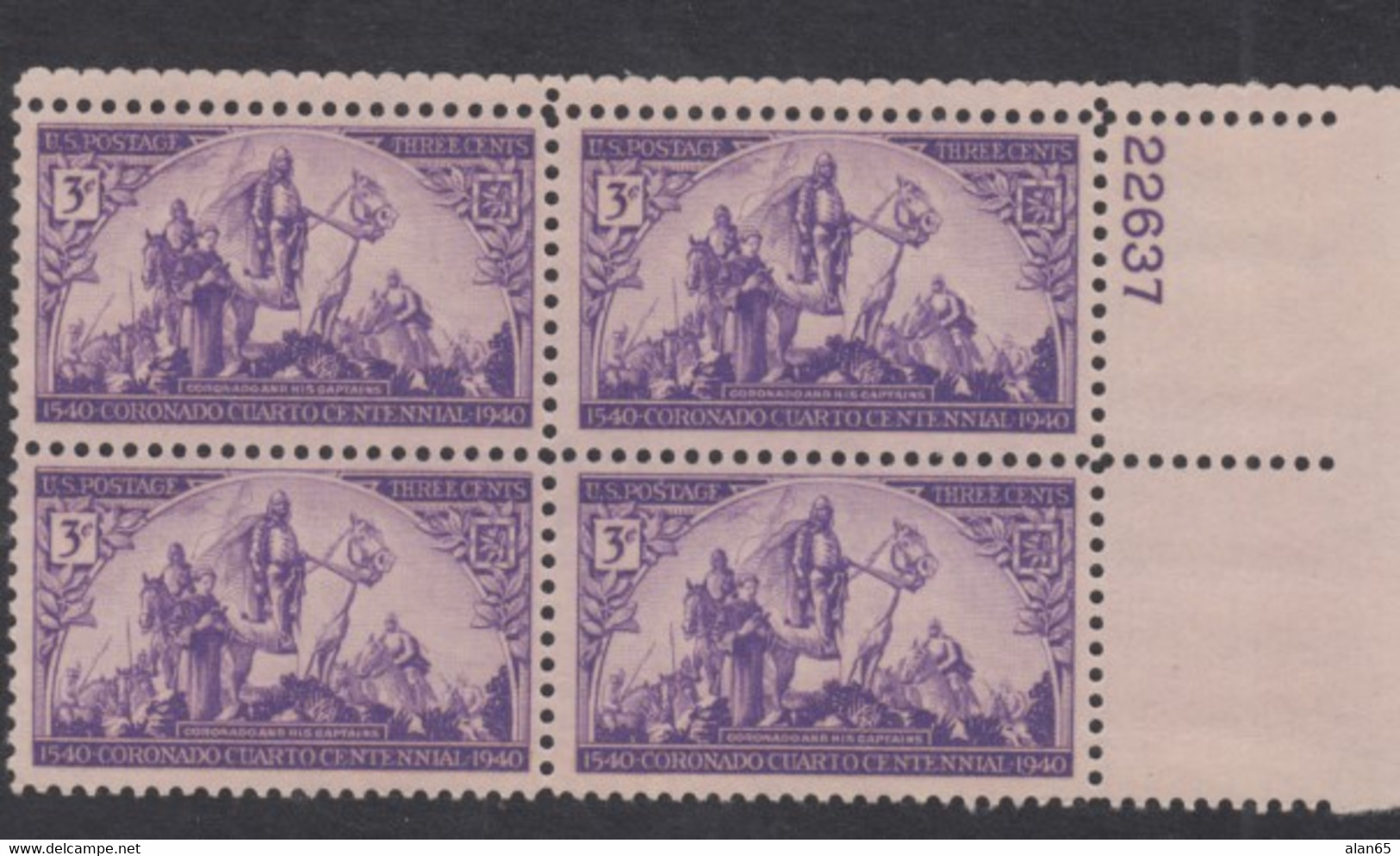 Sc#898, Plate # Block Of 4 Mint 3c Coronado Expedition 400th Anniversary Issue, Spanish Exploration Of North America - Números De Placas