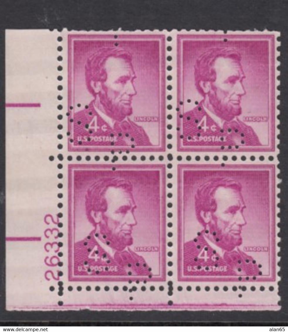 Sc#1036a, Plate # Block Of 4 Mint 4c Abraham Lincoln 1954 Regular Issue, US President, Perfin 'S P' Markings - Plate Blocks & Sheetlets