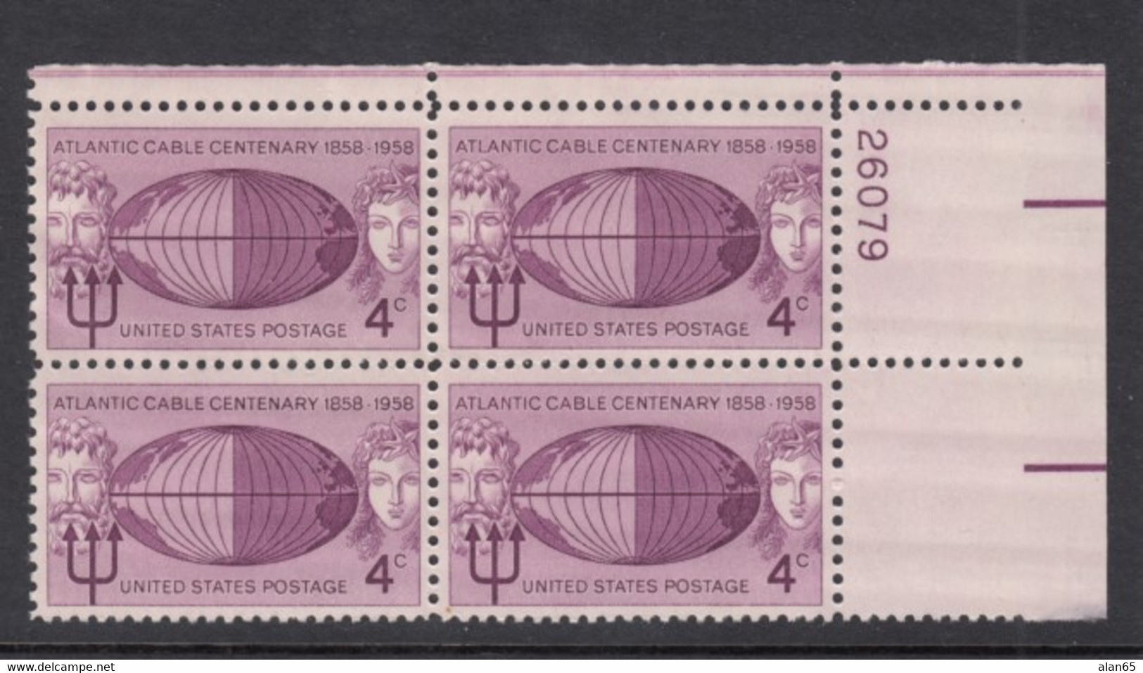 Sc#1112, Plate # Block Of 4 MNH, 4c Atlantic Cable Centennial Issue, Neptune Globe And Mermaid - Numéros De Planches