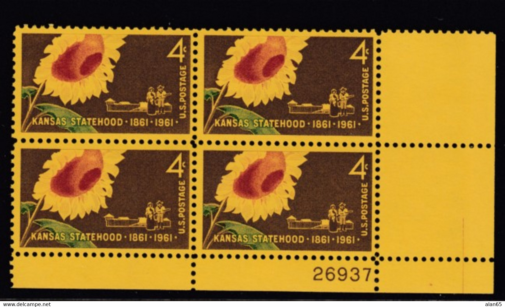 Sc#1183, Plate # Block Of 4 MNH, 4c Kansas Statehood 100th Anniversary Issue, Sunflower Design - Numéros De Planches