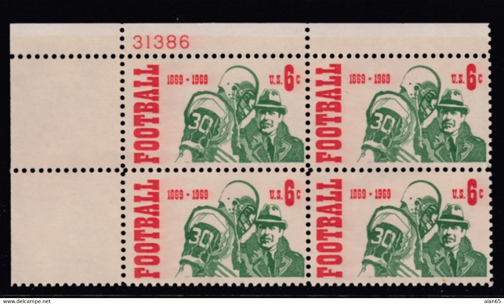 Sc#1382, Plate # Block Of 4 MNH, 6c Intercollegiate College Football 100th Anniversary Issue, US Football - Plattennummern