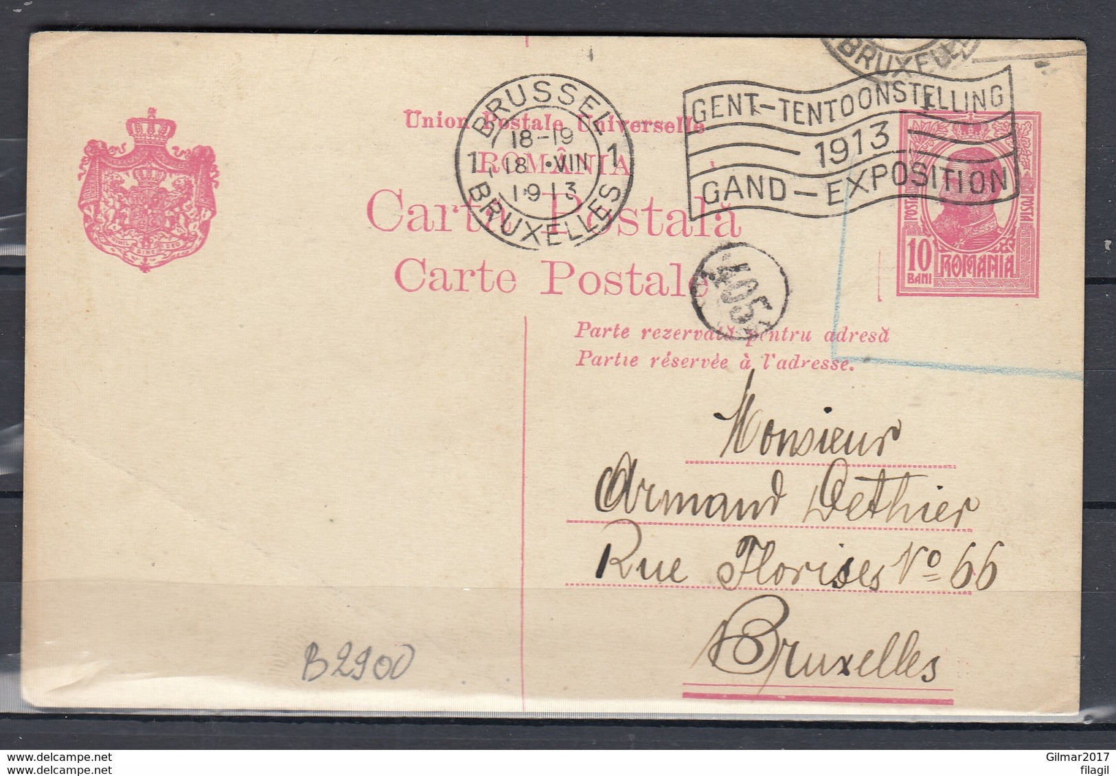 Postkaart Van Romania Naar Bruxelles Gent Tentoonstelling - Lettres 1ère Guerre Mondiale