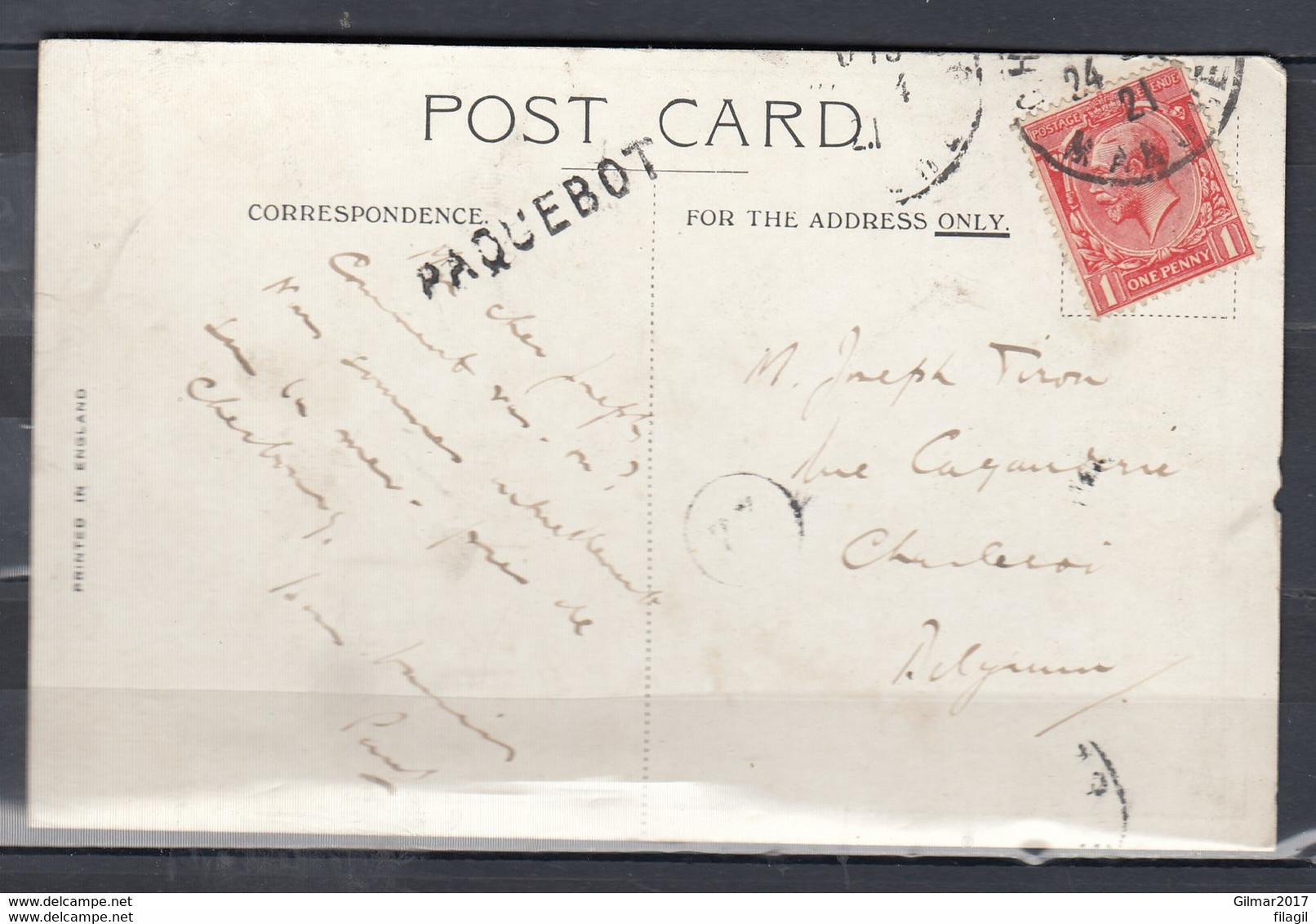 Postcard Paquebot Naar Charleroi - Briefe U. Dokumente