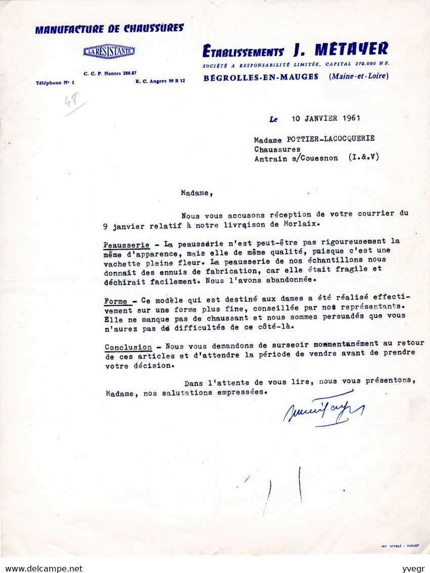 Facture + Lettre Commerciale: Manufacture De Chaussures Etablissements J. METAYER ,Brétignolles En Mauges (49) De 1961 - Old Professions