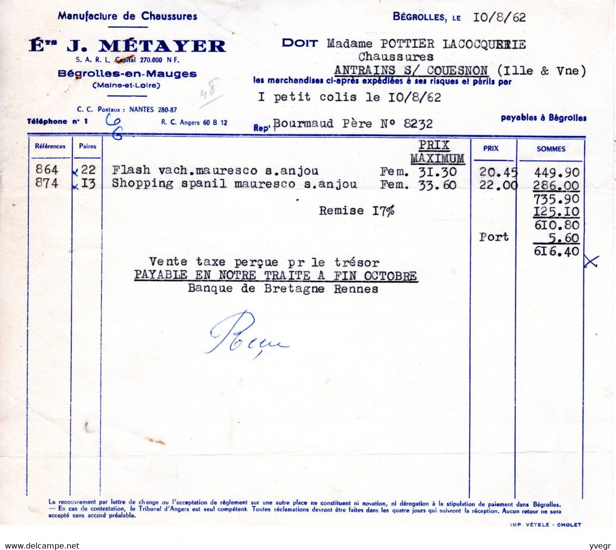 Facture + Lettre Commerciale: Manufacture De Chaussures Etablissements J. METAYER ,Brétignolles En Mauges (49) De 1961 - Old Professions