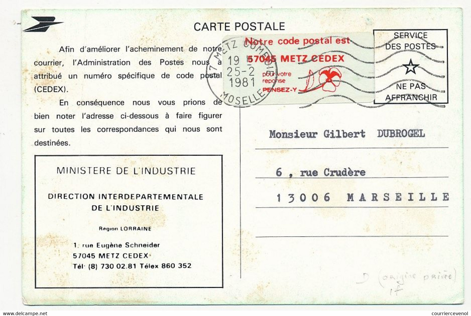 Carte "Code Postal" (CEDEX) Direction Industrie De Metz - Vignette "Notre Code Postal Est 57045 METZ CEDEX" 1981 - Covers & Documents