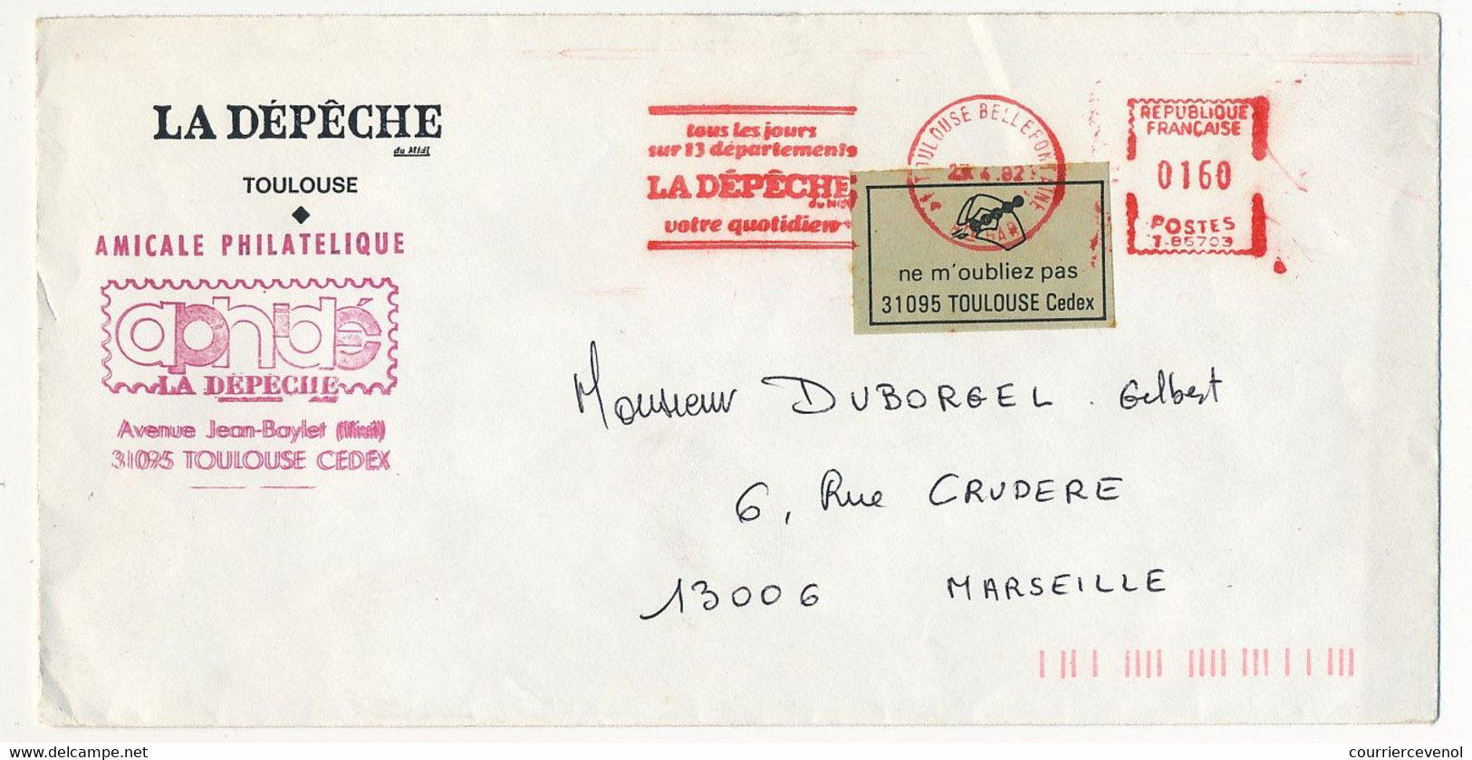 Enveloppe Longue En-tête "La Dépêche De Toulouse" - EMA Sur Vignette Code Postal "Ne M'oubliez Pas" Verte -  1982 - Covers & Documents