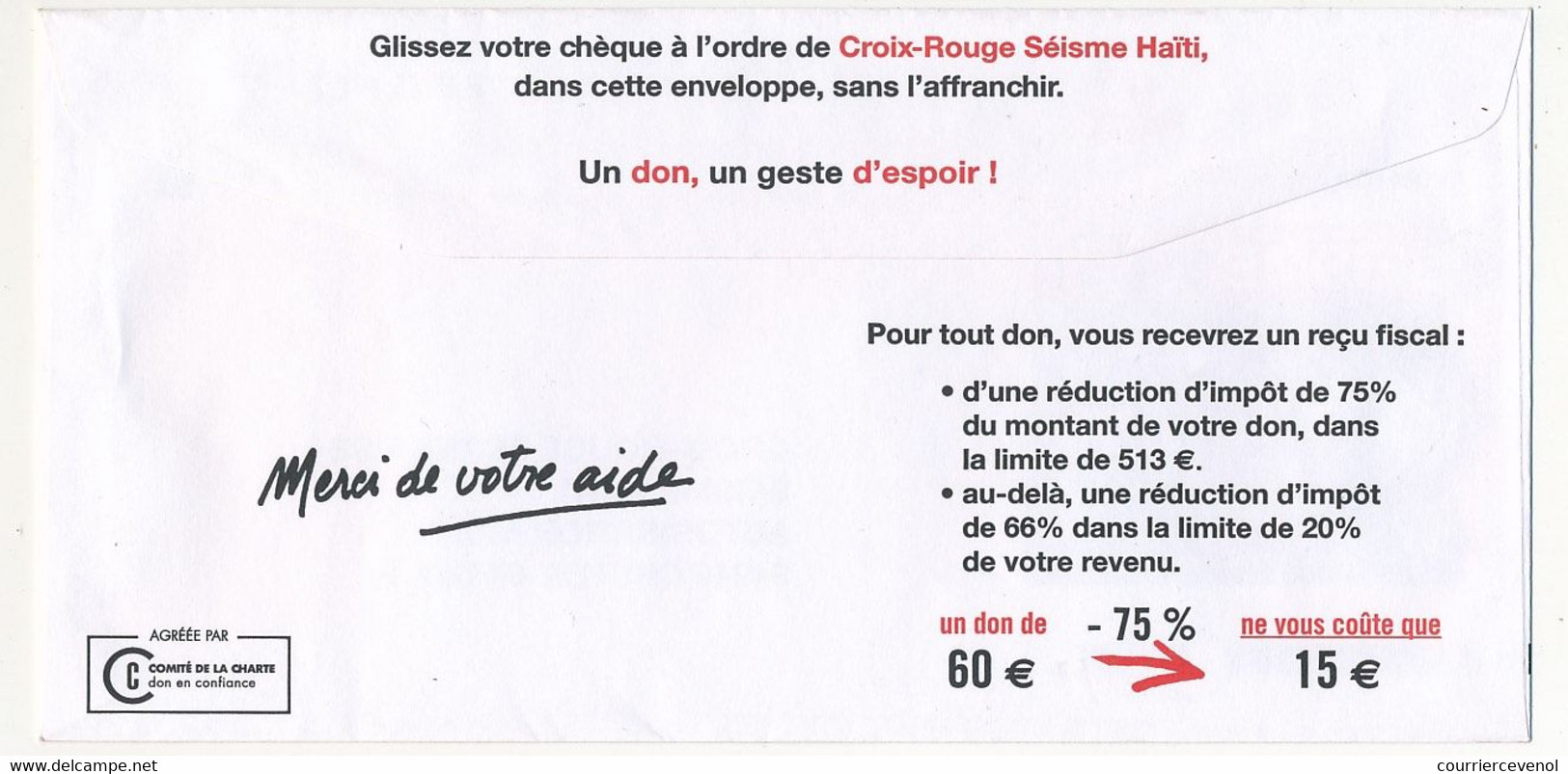 Enveloppe T écopli - Croix Rouge Française - Séisme D'Haiti - Buste Risposta T