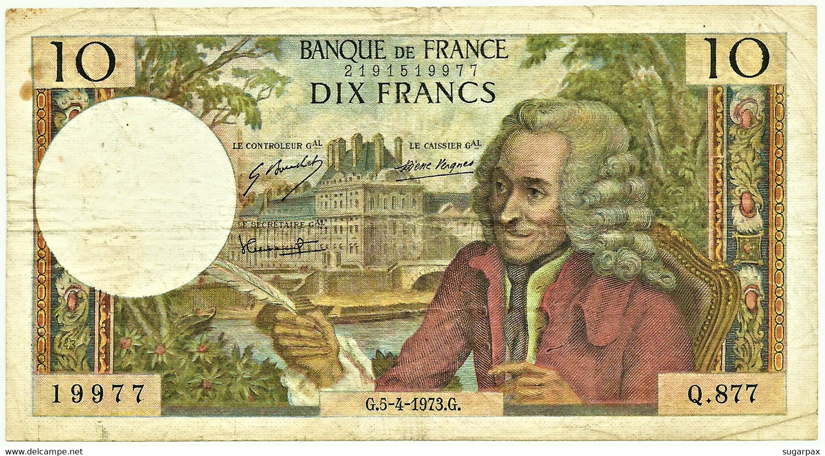 FRANCE - 10 Francs - 5.4.1973 - P 147.d - Serie Q.877 - Voltaire - 10 F 1963-1973 ''Voltaire''