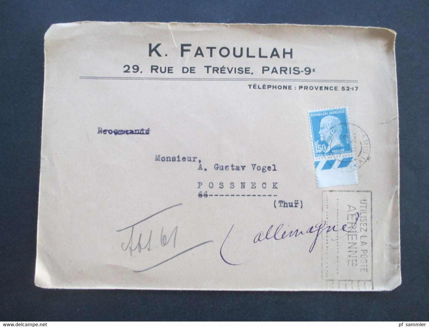 Frankreich 1926 Freimarken Louis Pasteur Nr. 197 Vom Unterrand Verwendet Firmenumschlag K. Fatoullah Paris - Briefe U. Dokumente