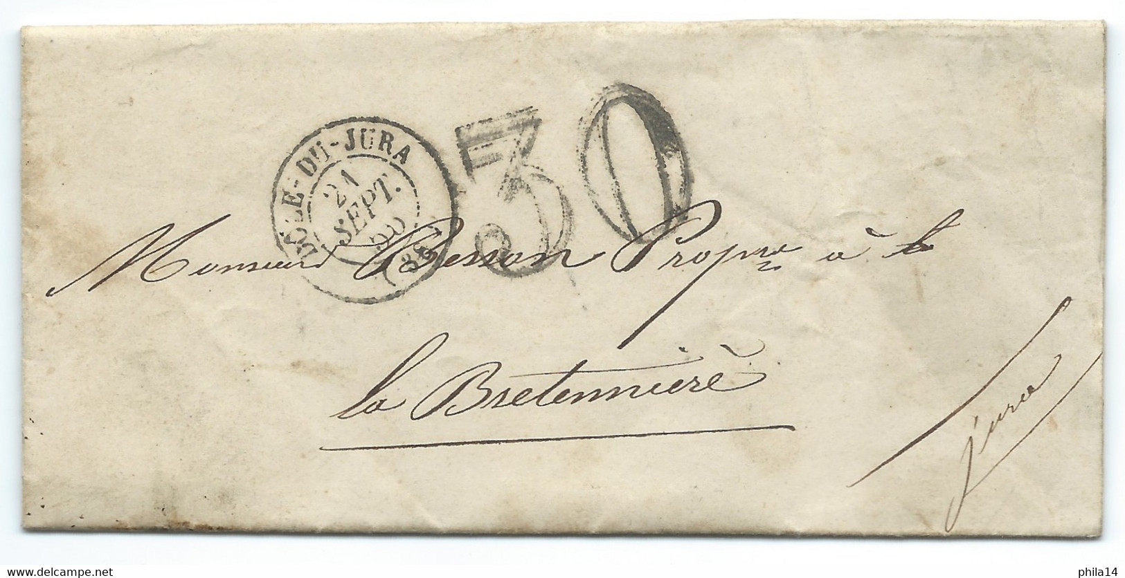 MARQUE POSTALE DOLE DU JURA POUR LA BRETENIERE / 1855 / TAXE 30 DOUBLE TRAIT - 1849-1876: Période Classique