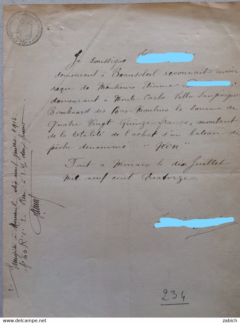 FISCAUX DE MONACO PAPIER TIMBRE 1916 BLASON 75 C 1/2 FILIRANE LOUIS  II - Fiscale Zegels