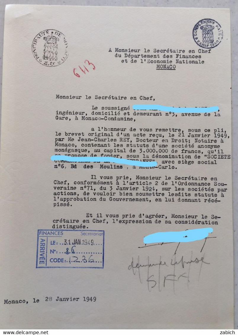 FISCAUX DE MONACO PAPIER TIMBRE 1949 BLASON 2FRS  1/2 FILIRANE LOUIS  II ° COMPLEMENT PAYE AU TARIF DE 1949 - Fiscale Zegels