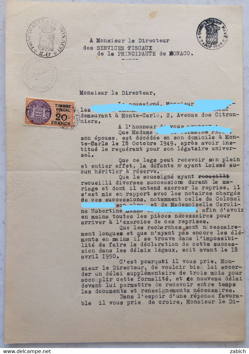 FISCAUX DE MONACO PAPIER TIMBRE 1949 BLASON 2FRS  1/2 FILIRANE LOUIS  II ° COMPLEMENT PAYE AU TARIF DE 1949 - Fiscale Zegels