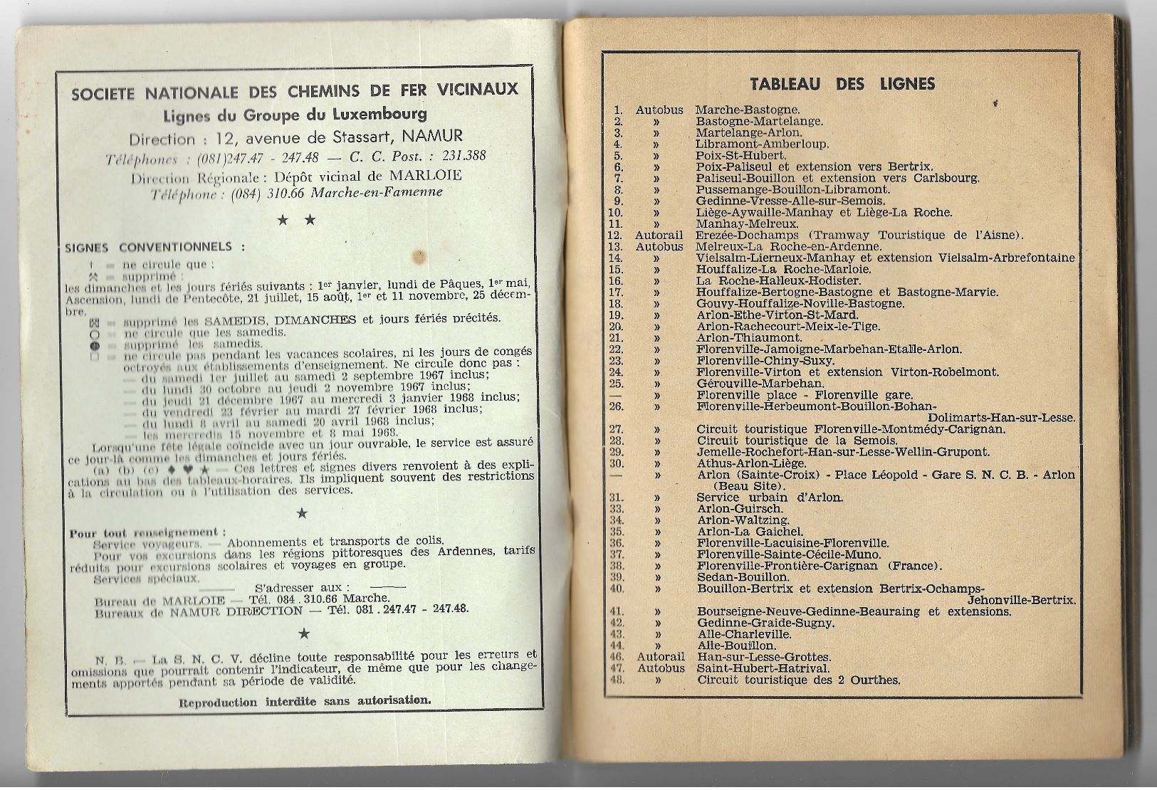 1967 - 1968 SNCV LIGNES DU GROUPE DU LUXEMBOURG BELGE CHEMINS DE FER VICINAUX LOCALITES DESSERVIES PUBLICITE ... - Ferrocarril & Tranvías