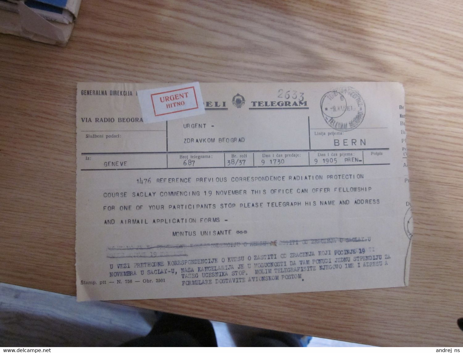 Telegram Beograd Geneve Urgent Hitno  1961 - Altri & Non Classificati