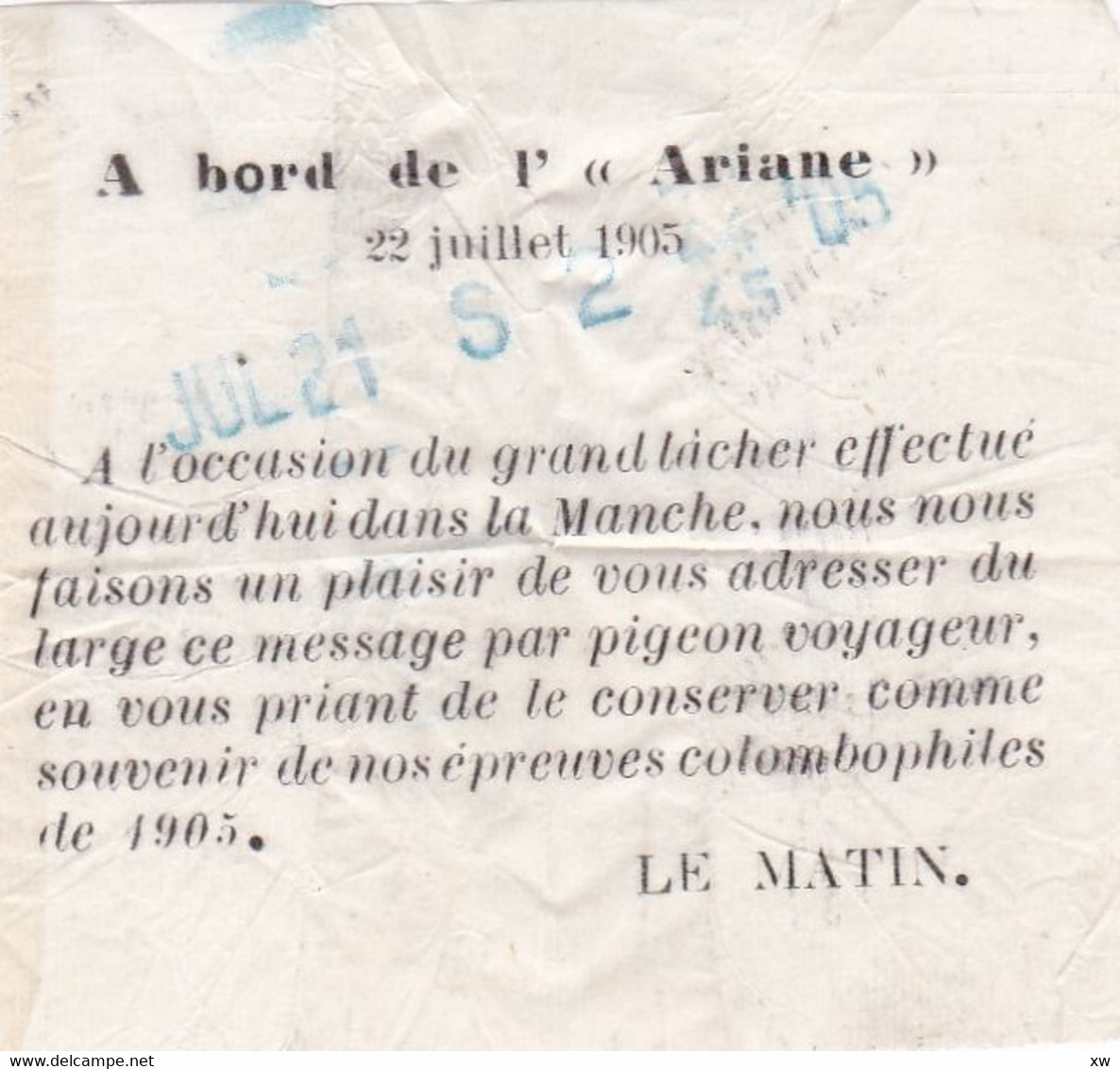 LA POSTE PAR PIGEONS-COLOMBOPHILIE-Message Par Pigeon Dans L 'enveloppe A Bord De L 'Ariane 22 Juillet 1905- A 9770 à 72 - Poste & Facteurs