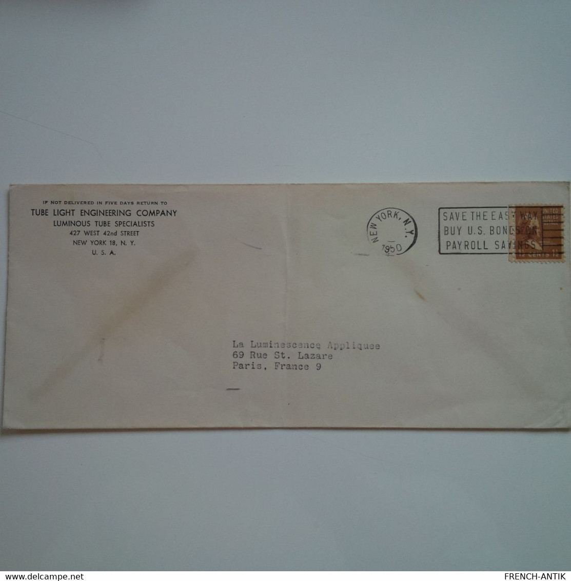 LETTRE NEW YORK TUBE LIGHT ENGINEERING COMPANY POUR PARIS LA LUMINESCENCE APPLIQUEE 1950 - Lettres & Documents
