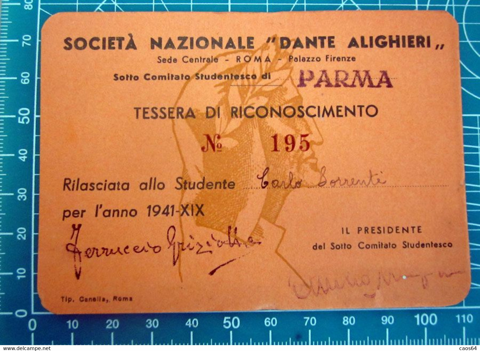 Società Nazionale Dante Alighieri Tessera 1941 Parma - Mitgliedskarten