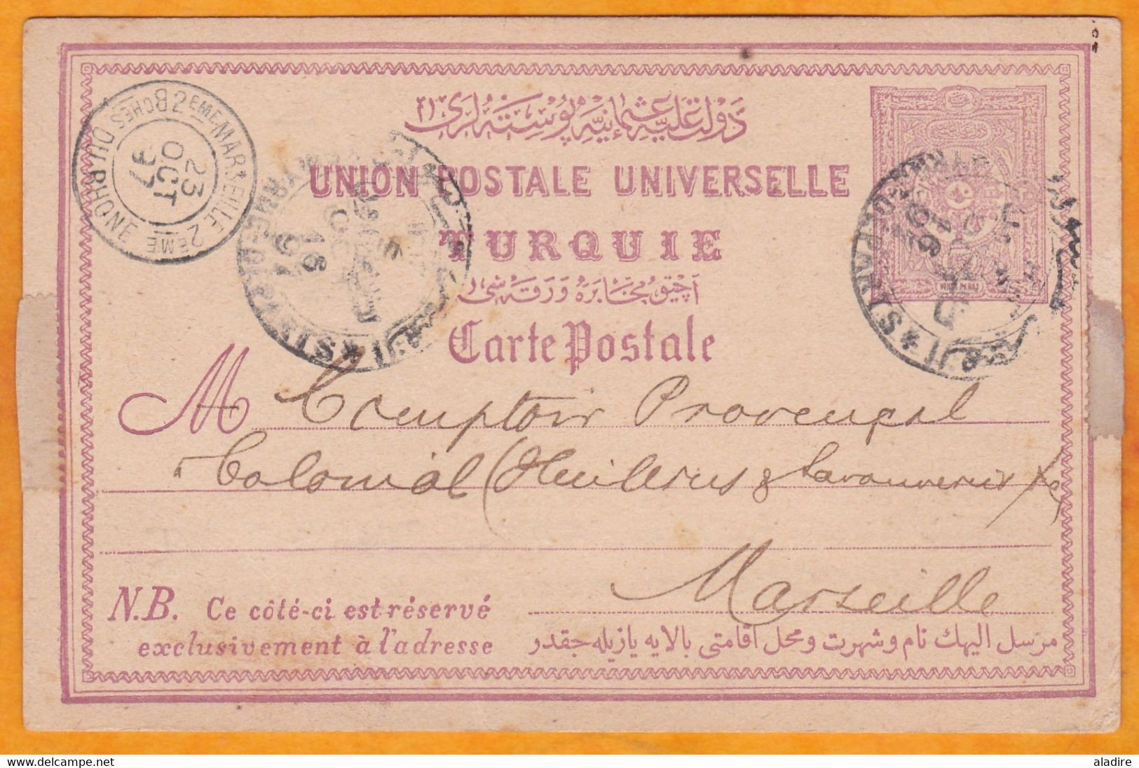 1897- Entier Carte Postale 20 Paras Repiquée (Keyser) De Smyrne Vers Marseille, France - Cad Arrivée 2ème Marseille 2ème - Brieven En Documenten