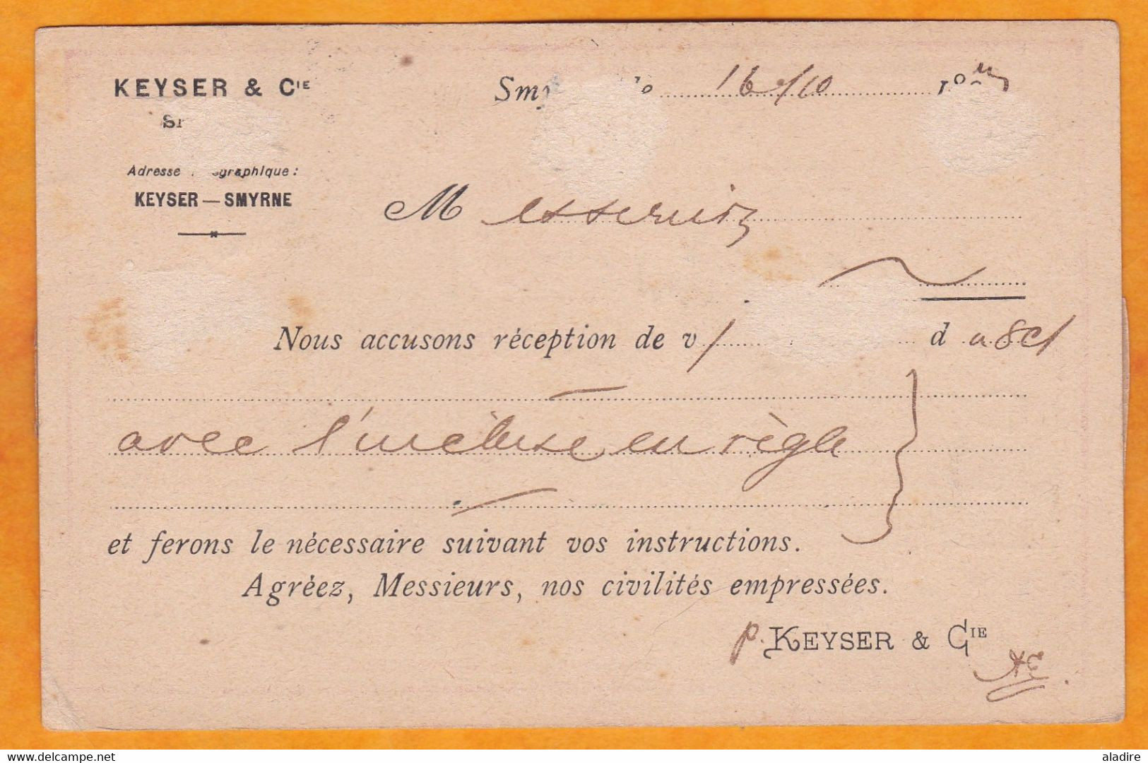 1897- Entier Carte Postale 20 Paras Repiquée (Keyser) De Smyrne Vers Marseille, France - Cad Arrivée 2ème Marseille 2ème - Brieven En Documenten