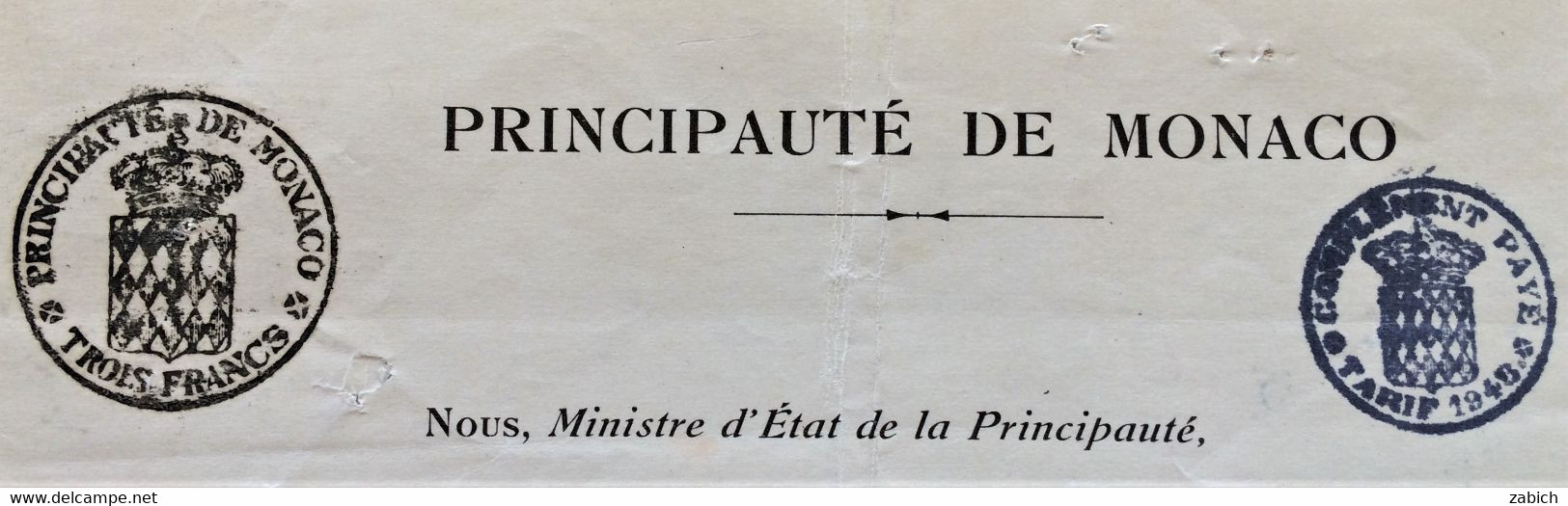 FISCAUX DE MONACO PAPIER TIMBRE 1949 BLASON TROIS FRANCS + COMPLEMENT AU TARIF DE 1949 - Revenue