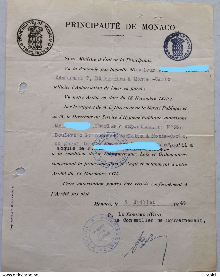 FISCAUX DE MONACO PAPIER TIMBRE 1949 BLASON TROIS FRANCS + COMPLEMENT AU TARIF DE 1949 - Revenue