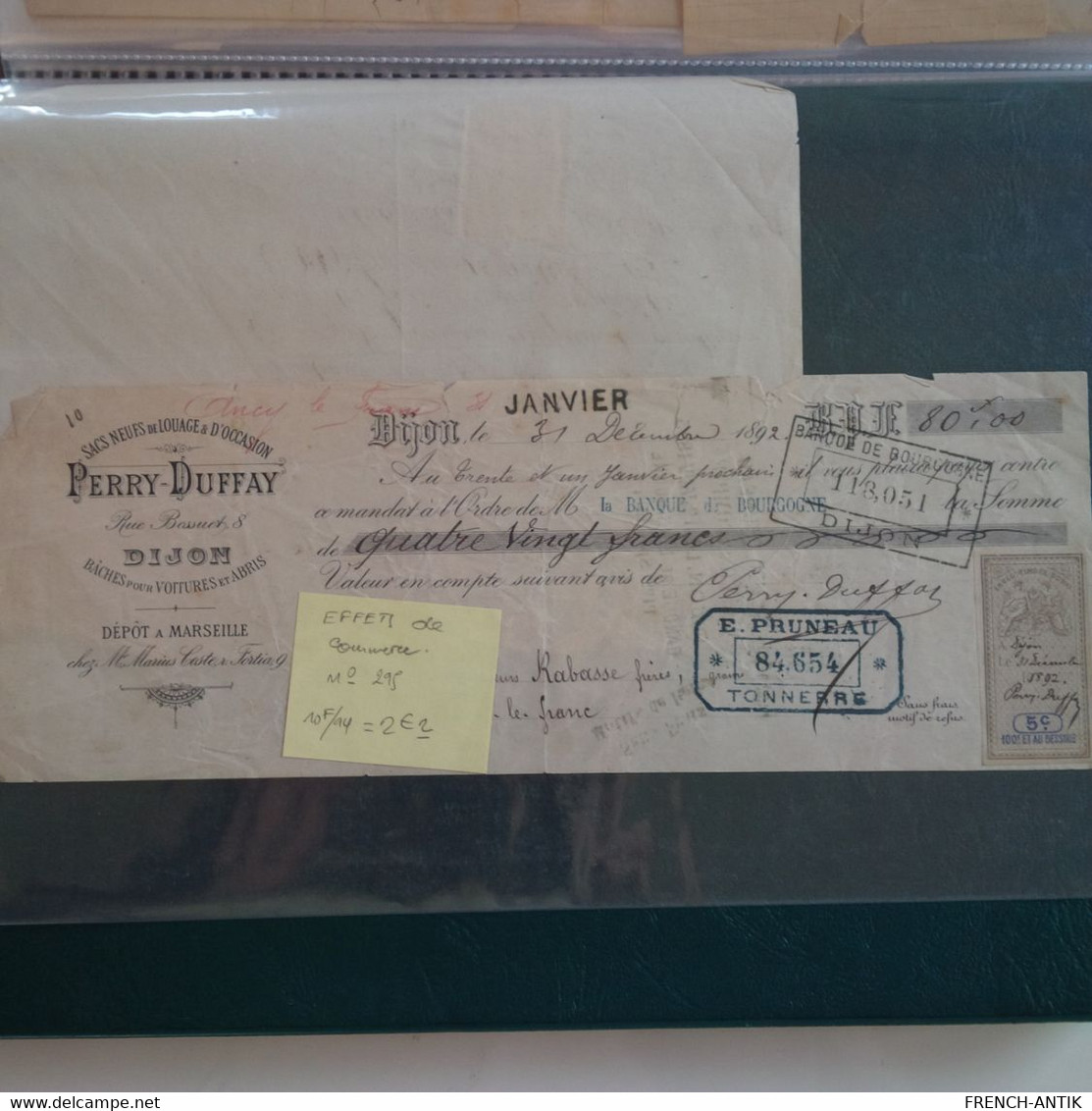 TIMBRE FISCAL 1892 SUR DOCUMENT PERRY DUFFAY DIJON CACHET E.PRUNEAU TONNERRE - Other & Unclassified