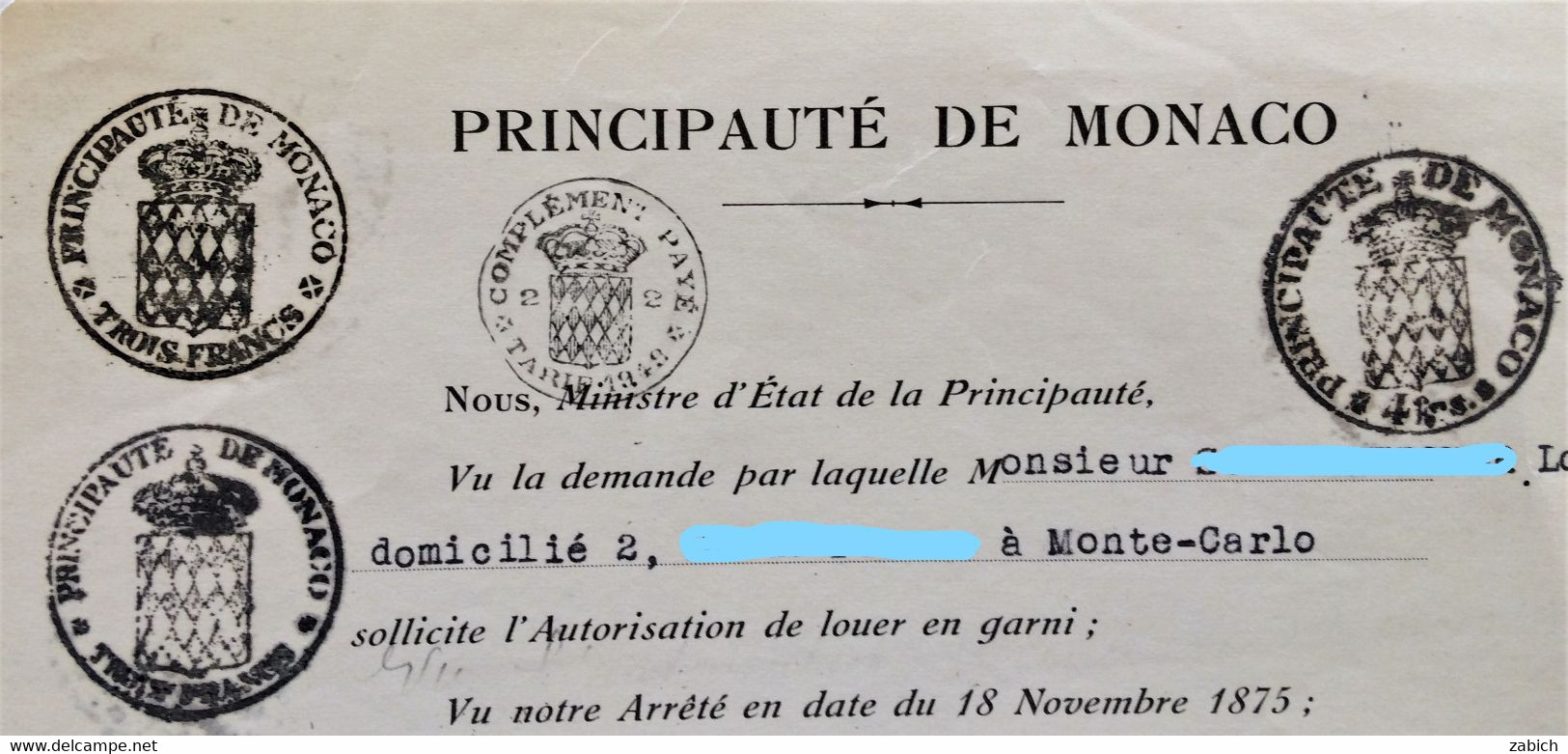 FISCAUX DE MONACO PAPIER TIMBRE 1949 BLASON TROIS FRANCS X2 + COMPLEMENT AU TARIF DE 1949 + BLASON 4Frs - Fiscales