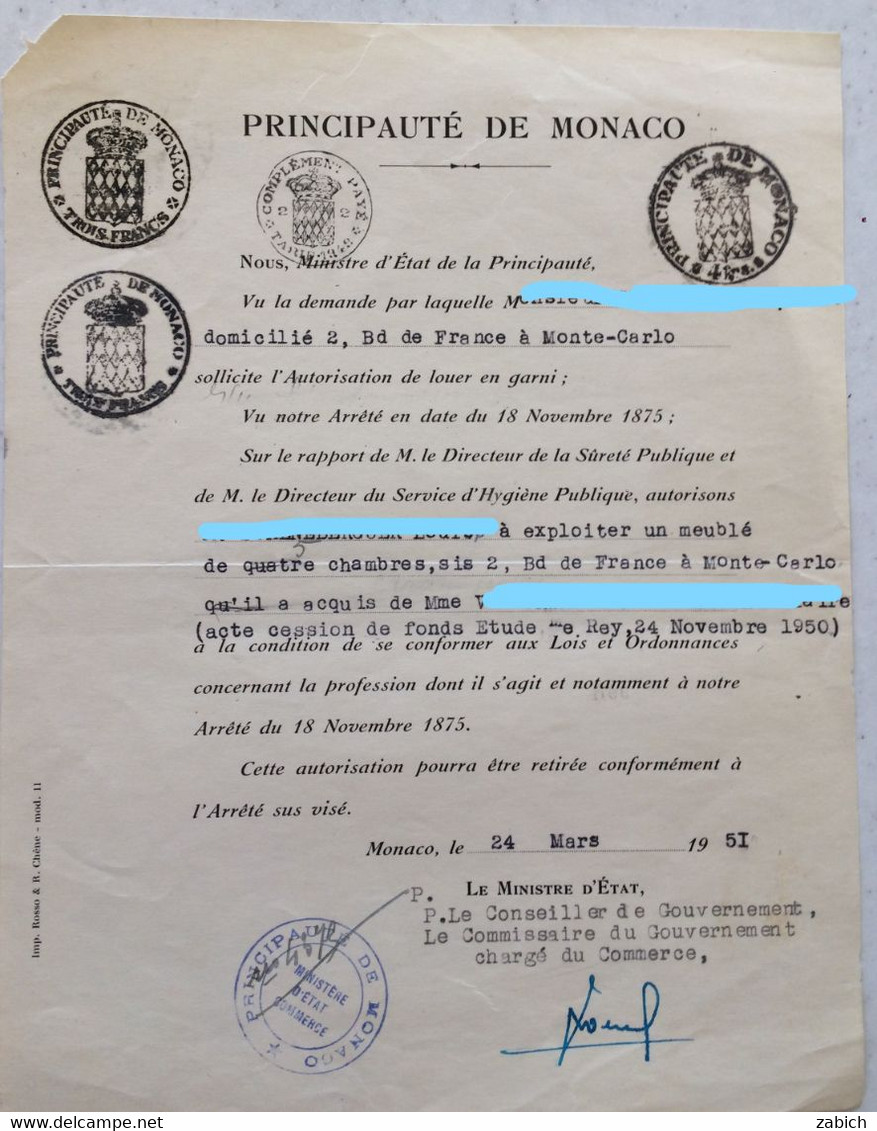 FISCAUX DE MONACO PAPIER TIMBRE 1949 BLASON TROIS FRANCS X2 + COMPLEMENT AU TARIF DE 1949 + BLASON 4Frs - Steuermarken