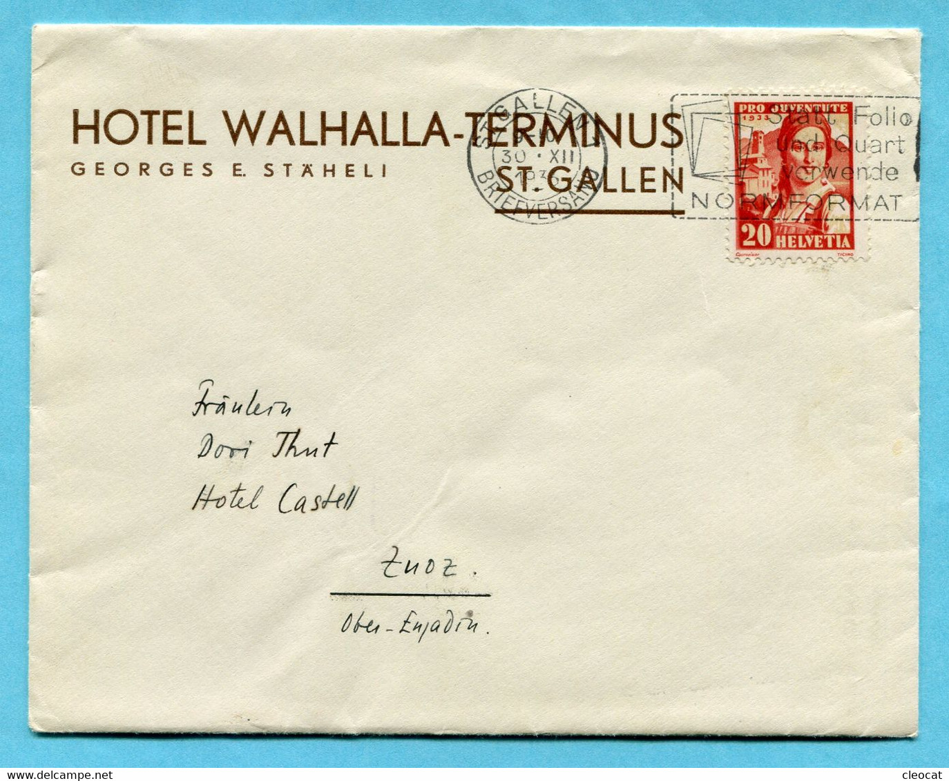 Brief Von St. Gallen Nach Zuoz 1933 - Absender: Hotel Walhalla-Terminus - Cartas & Documentos