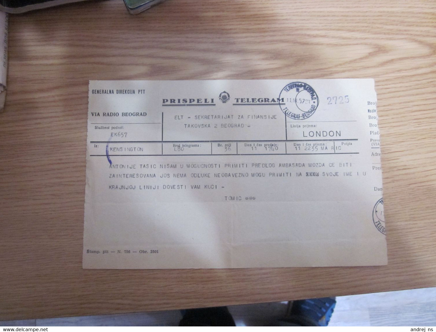 Telegram Prispeli Telegram Kensington London Beograd 1957 - Sonstige & Ohne Zuordnung