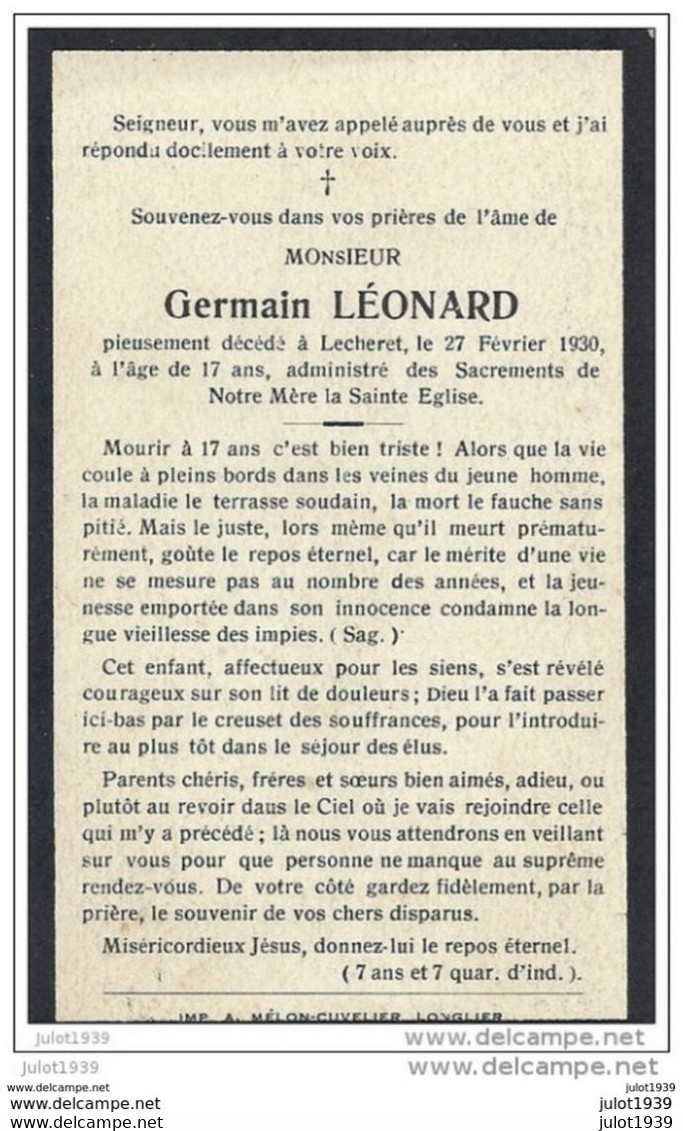 LESCHERET ..--  Mr Germain LEONARD . Né En 1913 . Décédé En 1930 . - Vaux-sur-Sure