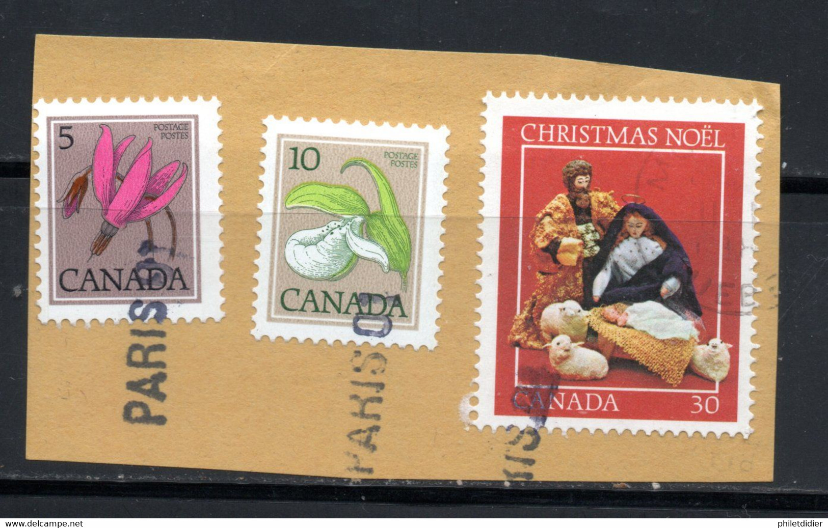 YT 824 NOEL 1982 - ET 2 AUTRES TIMBRES - OBLITERATION LINEAIRE DE PARIS 01 - OBLITERATION FRANCE SUR TIMBRES CANADA - Variétés Et Curiosités