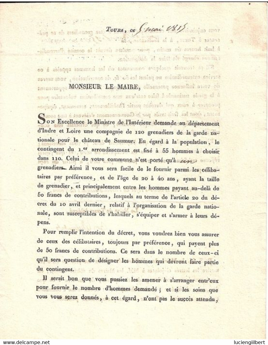 INDRE ET LOIRE 37 - EN 1815 COURRIER DU MAIRE DE TOURS AU MAIRE  DE VEIGNE  CONCERNANT UNE DEMANDE DE GRENADIERS - Flags