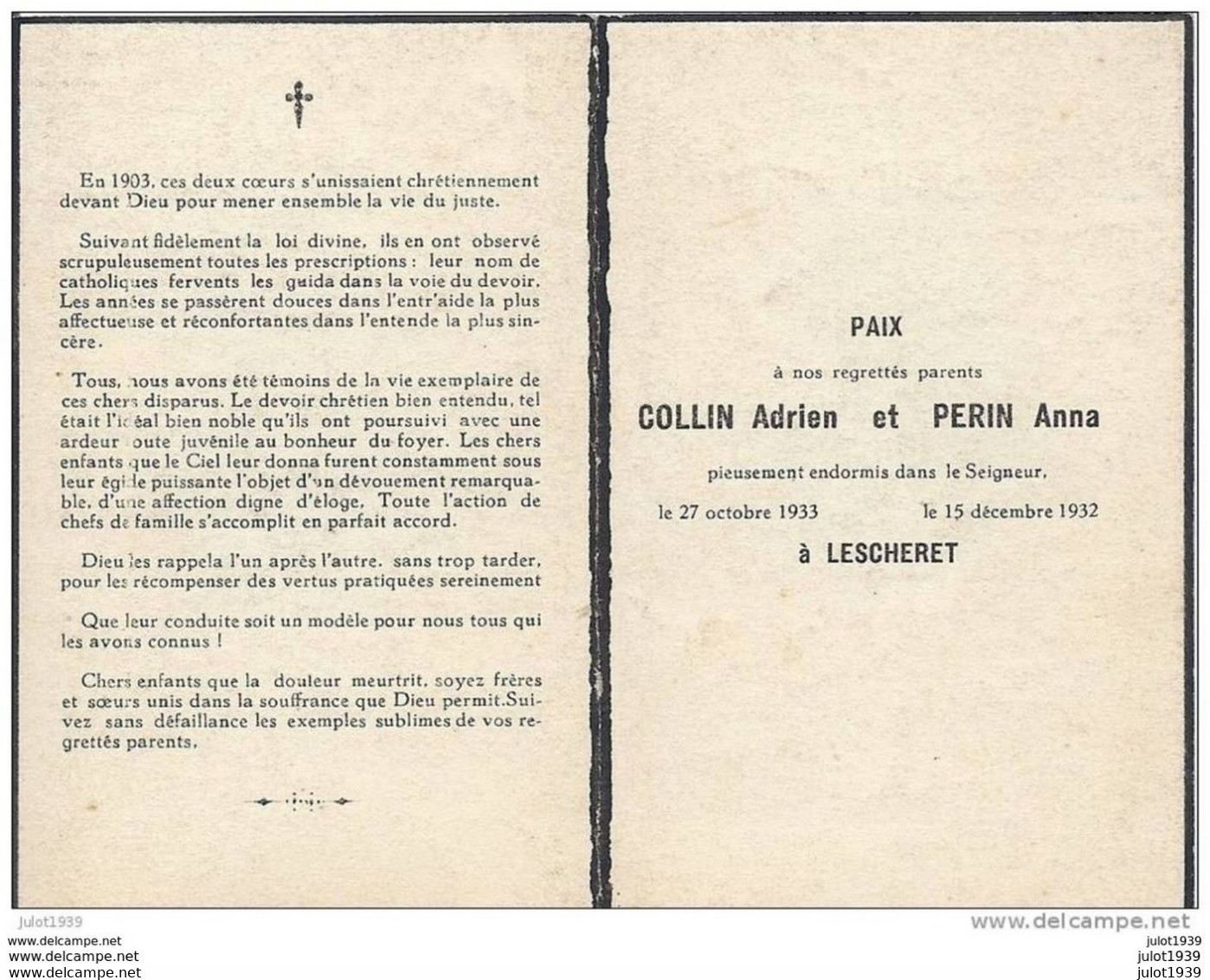 LESCHERET ..-- Mr Adrien COLLIN , Décédé En 1933 . Et Mme Anna PERIN , Décédée En 1932 . Voir Verso . - Vaux-sur-Sure