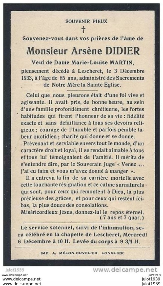 LESCHERET ..-- Mr Arsène DIDIER , Veuf De Mme Marie - Louise MARTIN . Né En 1848 , Décédé En 1933 . - Vaux-sur-Sure