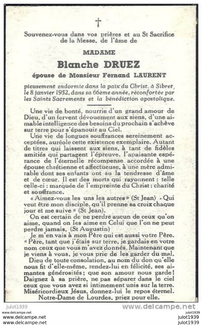 SIBRET ..-- Mme Blanche DRUEZ , épouse De Mr Fernand LAURENT , Décédée En 1952 à 66 Ans . - Vaux-sur-Sure