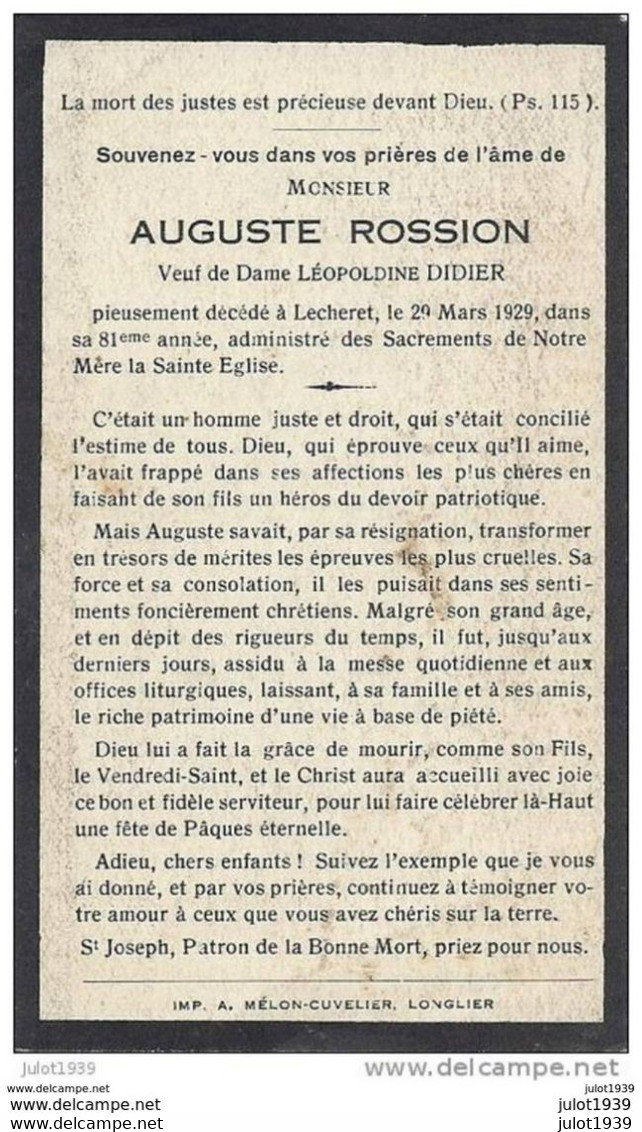 LESCHERET ..-- Mr Auguste ROSSION , Veuf De Mme Léopoldine DIDIER , Décédé En 1929 à  81 Ans . - Vaux-sur-Sure