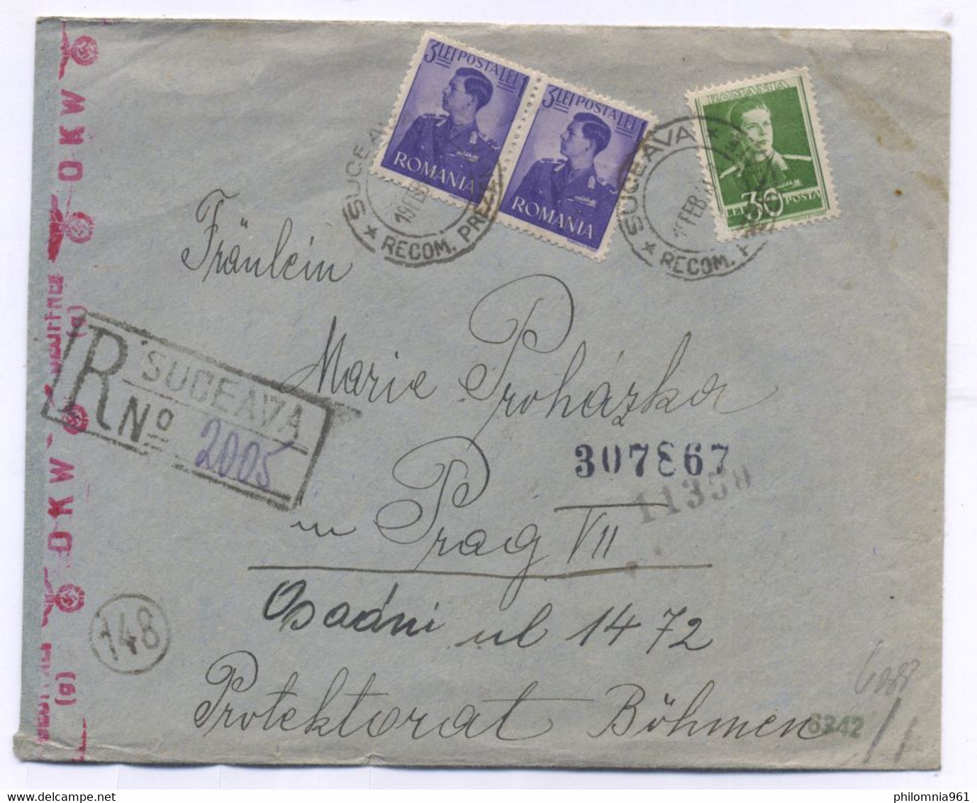 Romania Suceava REGISTERED COVER TO Czechoslovakia 1942 - 2. Weltkrieg (Briefe)