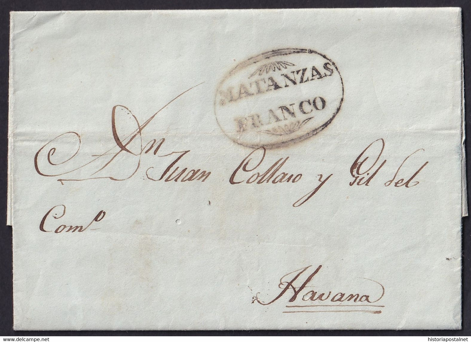 1838. MATANZAS A LA HABANA. MARCA MATANZAS/FRANCO RECERCADA ADORNOS NEGRO. EXTRAORDINARIA ESTAMPACIÓN. - Préphilatélie