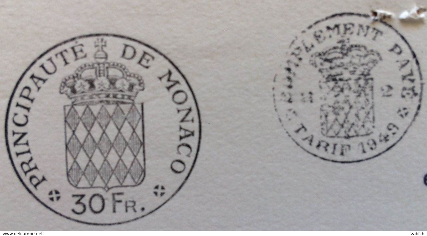 FISCAUX DE MONACO PAPIER TIMBRE 1953 BLASON 30 FR +COMPLEMENT AU TARIF DE 1948 Filigrane RAINIER III - Fiscales