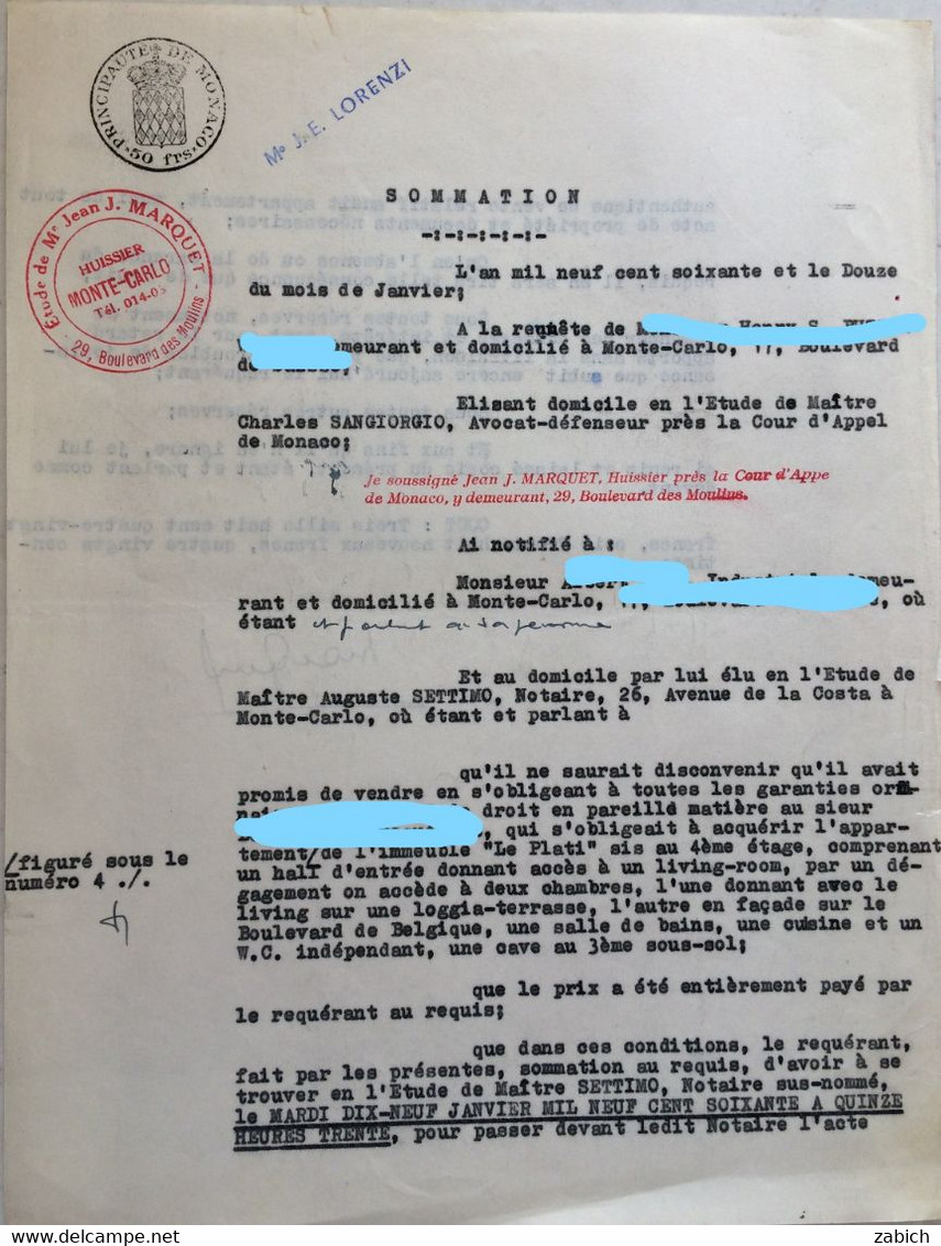 FISCAUX DE MONACO PAPIER TIMBRE 1960 BLASON 50 Frs  à L'extraordinaire - Fiscale Zegels