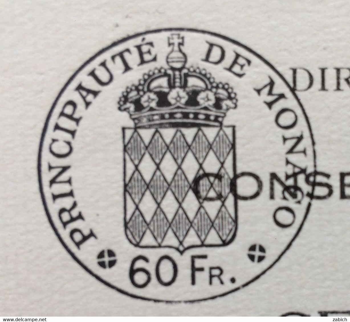 FISCAUX DE MONACO PAPIER TIMBRE 1962  BLASON 60 FR Usage Tardif D'un Papier De 1950  Filigrane LOUIS II - Steuermarken